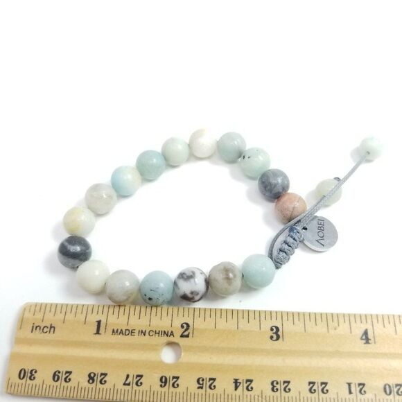 Pastel Stone Bead Bracelet, Soft Blues Creams Adjustable Drawstring Size - Picture 4 of 4